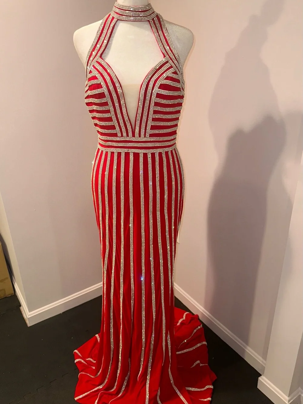 red striped prom dress Red Striped Sequin V-neck Sheer Mermaid Long Prom Dress
